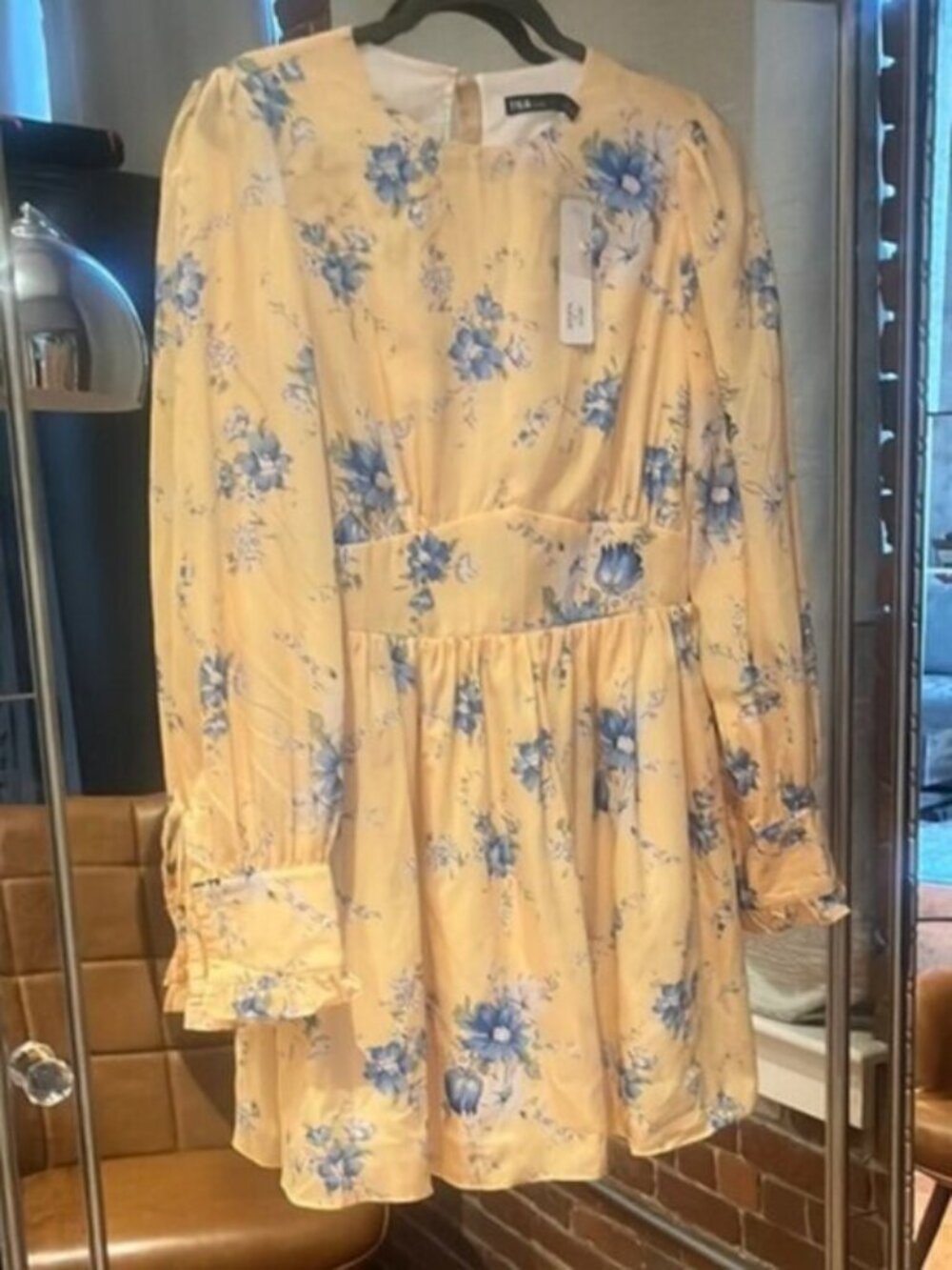 🌼 NWT INA Yellow & Blue Floral Ruffle Mini Dress – Size Medium - Picture 2 of 6